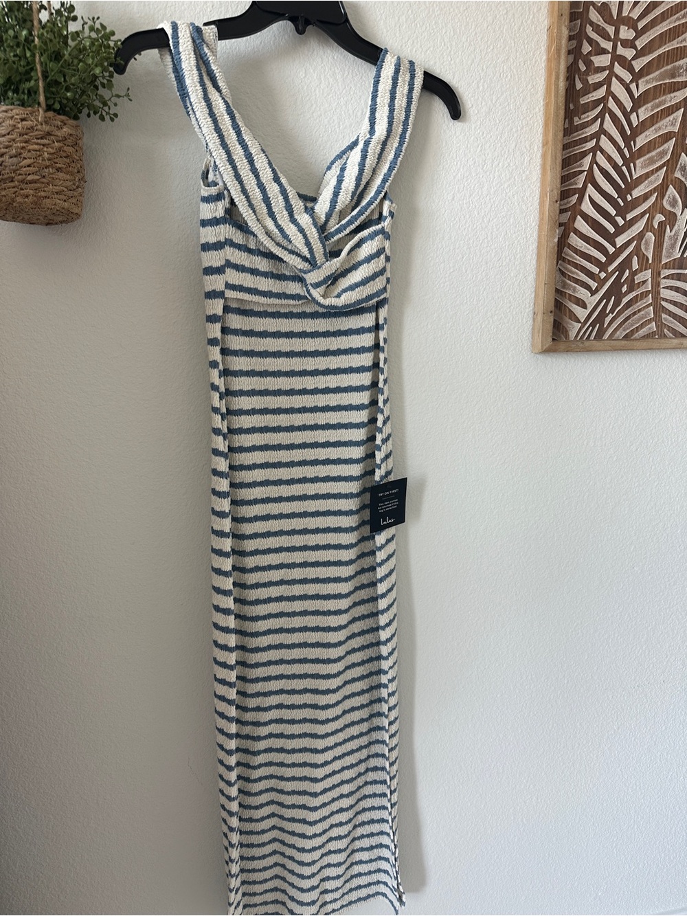 Lulu's Blue and Cream Striped Knit Maxi Dress
